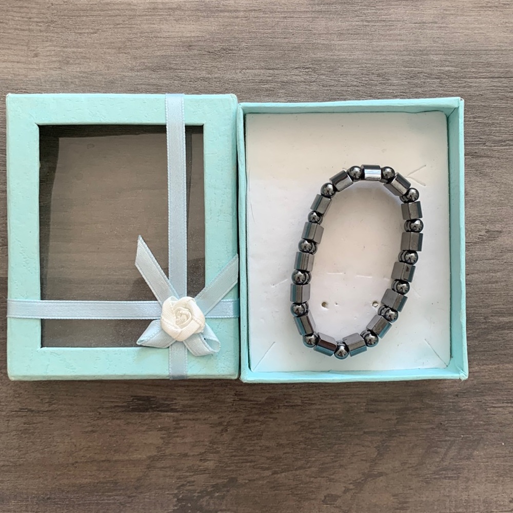 Beaded stretchy, fit bracelet, and gunmetal color